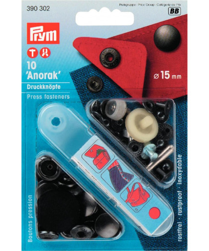 PRYM Druckknöpfe "Anorak", 15mm - schwarz brüniert